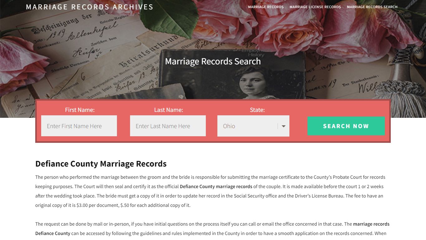 Defiance County Marriage Records - Enter Name and Search