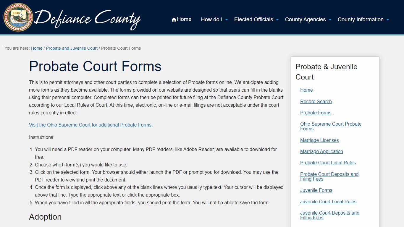 Probate Court Forms | Defiance County, Ohio
