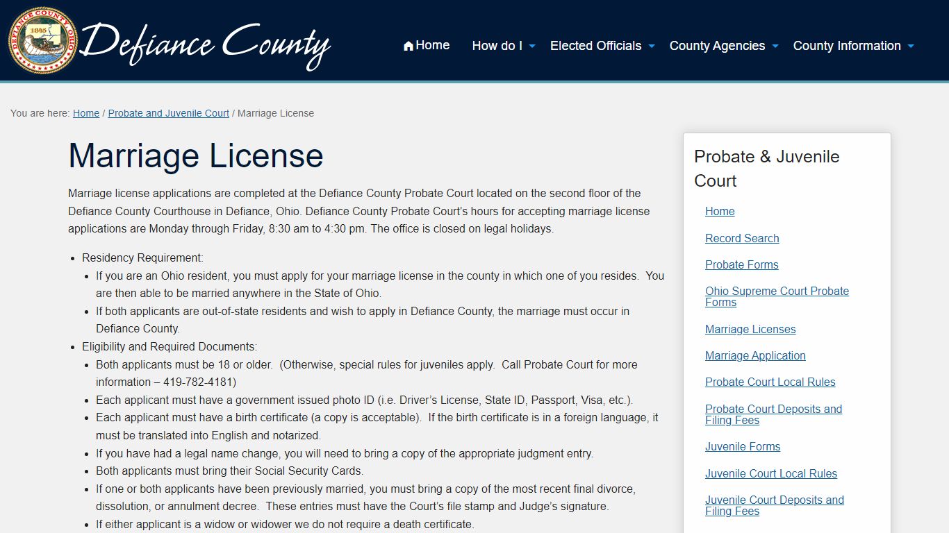 Marriage License | Defiance County, Ohio