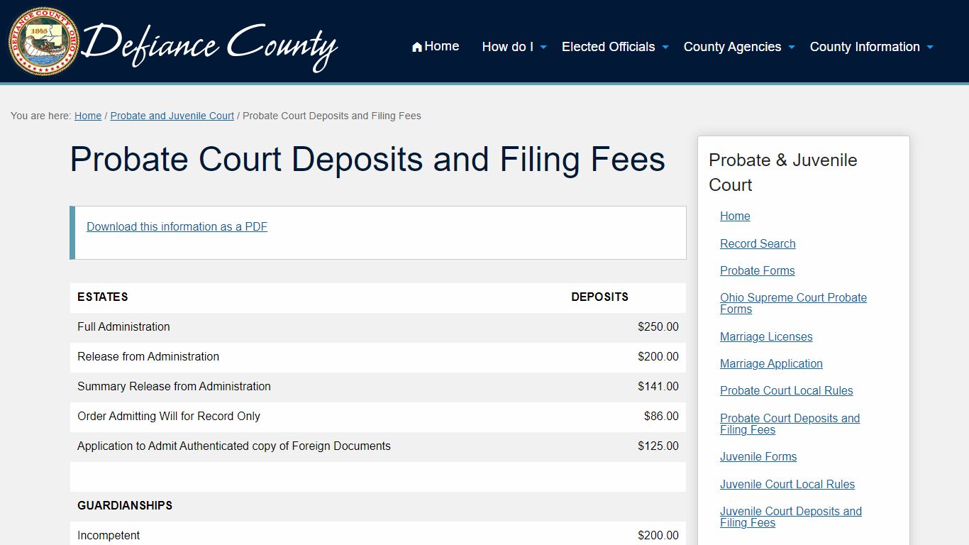 Probate Court Deposits and Filing Fees | Defiance County, Ohio